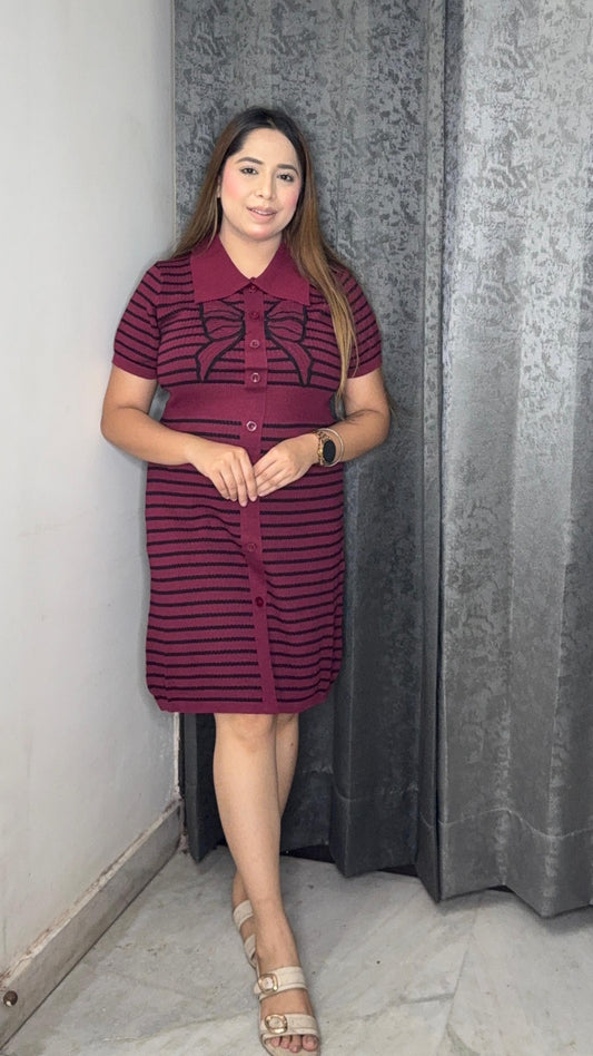 Bow Designed Black Strip Dress FC1865