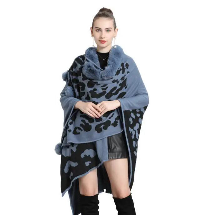 FC Woollen Knitted Furr Neck Women Printed poncho Capes