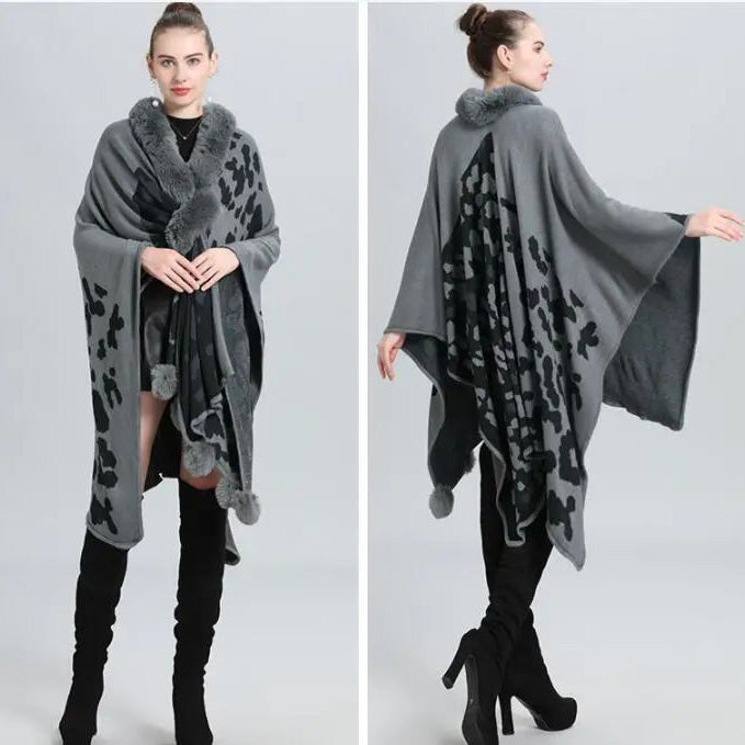 FC Woollen Knitted Furr Neck Women Printed poncho Capes