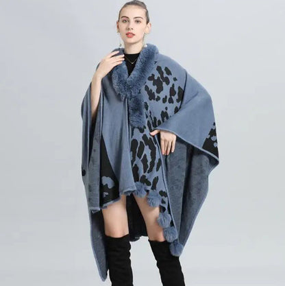 FC Woollen Knitted Furr Neck Women Printed poncho Capes