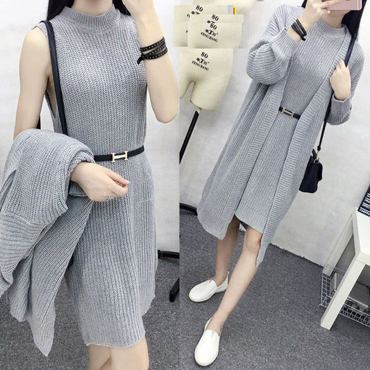 FC Two Piece Long Cardigan Crew Neck Sweater Dress for Women