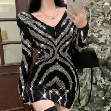 FC Rhinestone V Neck with Mesh Long Sleeves Dress for Women