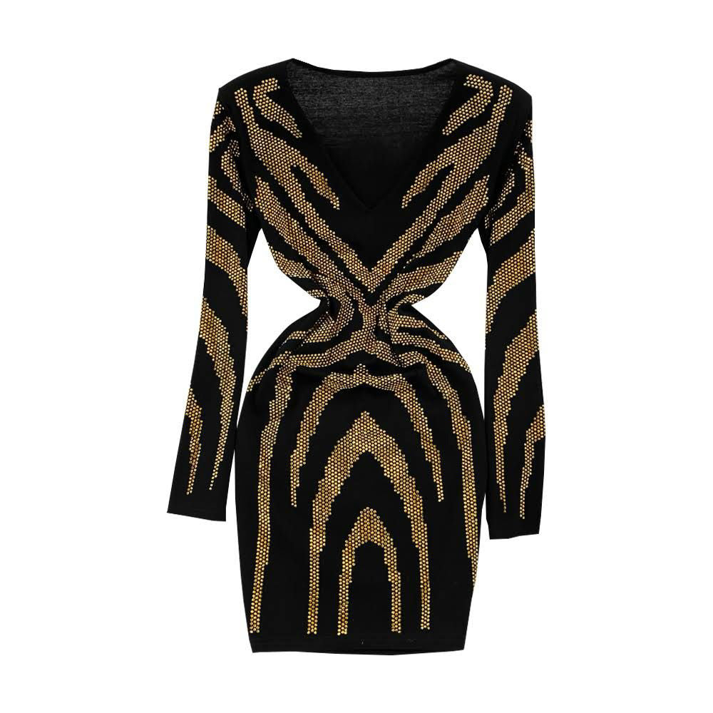 FC Rhinestone V Neck with Mesh Long Sleeves Dress for Women