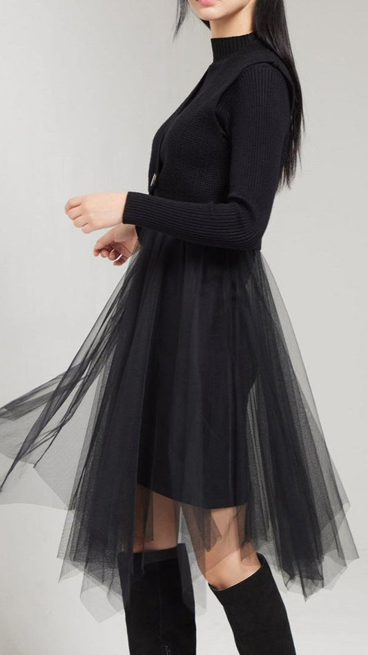 FC Irregular Pleated A-Line Mesh Midi with high neck and long sleeves Dress