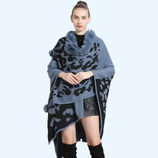 FC Woollen Knitted Furr Neck Women Printed poncho Capes