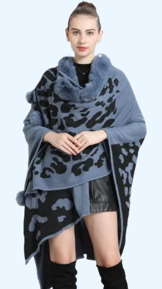 FC Woollen Knitted Furr Neck Women Printed poncho Capes