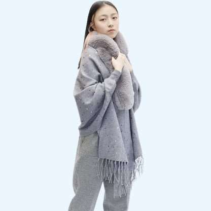 FC Woollen Knitted Furr Neck Women Printed poncho Capes