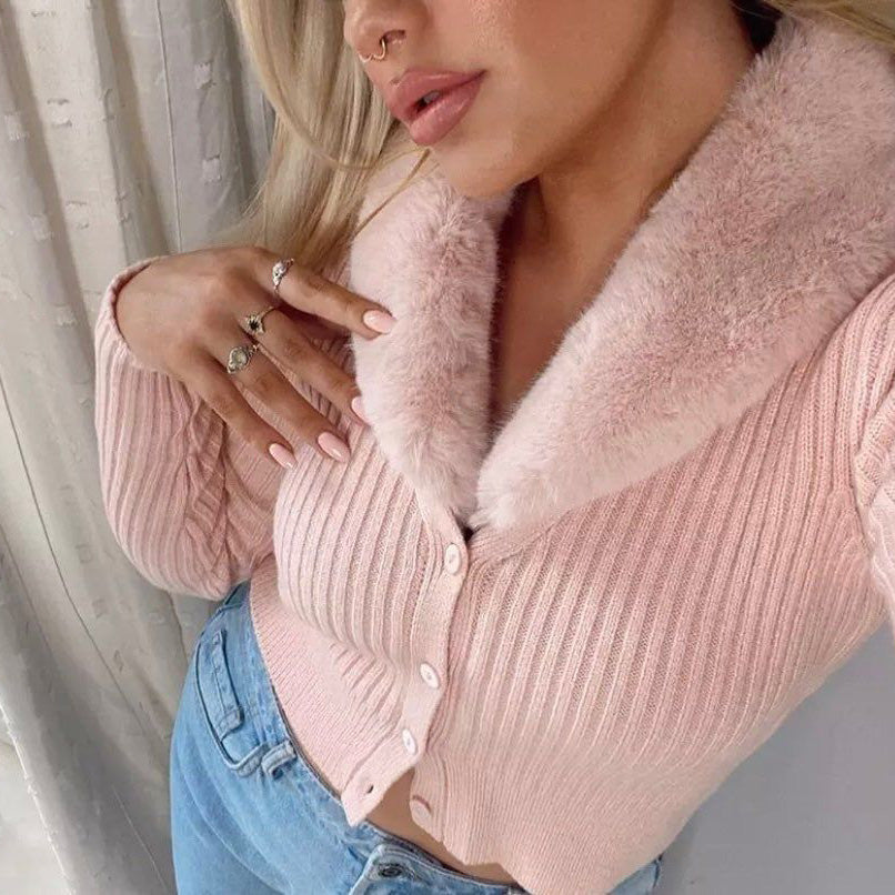 FC knit Cardigan with detachable Faux Furr Collar Women Sweater