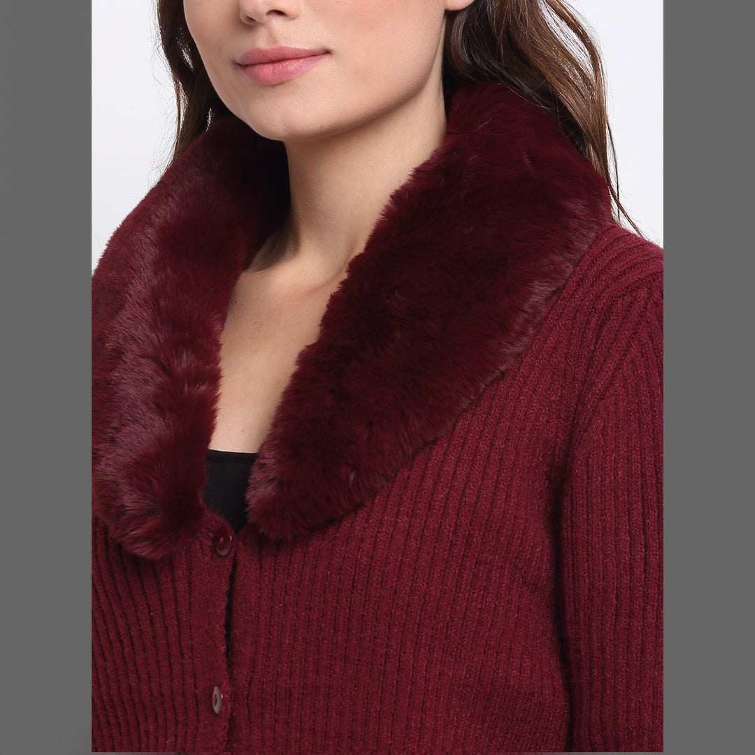 FC knit Cardigan with detachable Faux Furr Collar Women Sweater