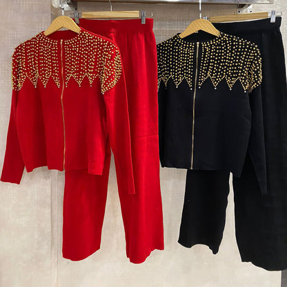 FC Soft knitted woollen Front Open Golden Beads Coord Set