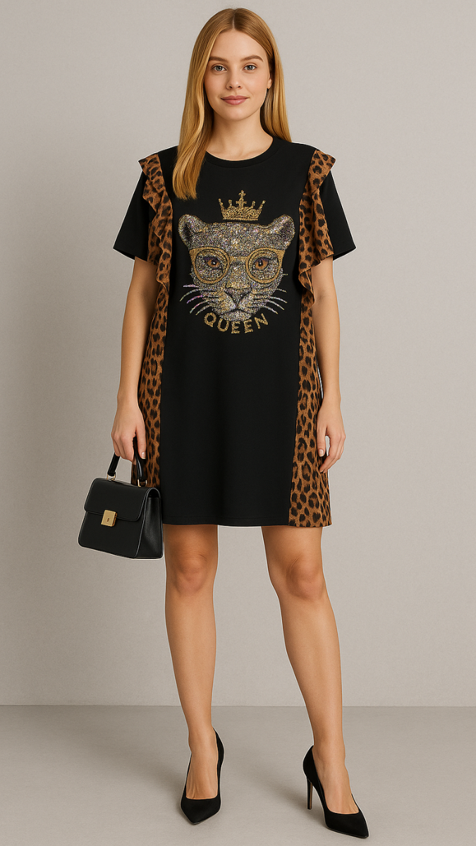 FC Elegant Autumn Lion Face Free Size Crape Dress