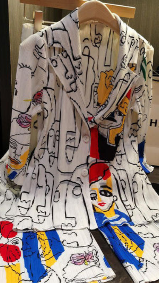 FC Pleated Beautiful Cartoon hand-painted print coord set