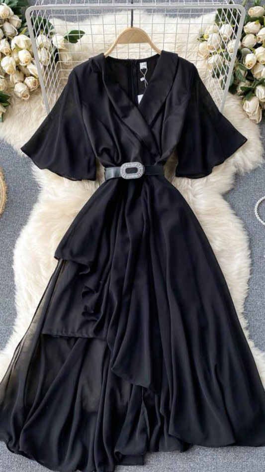 FC V Neck Irregular A-Line Evening Dress with Belt