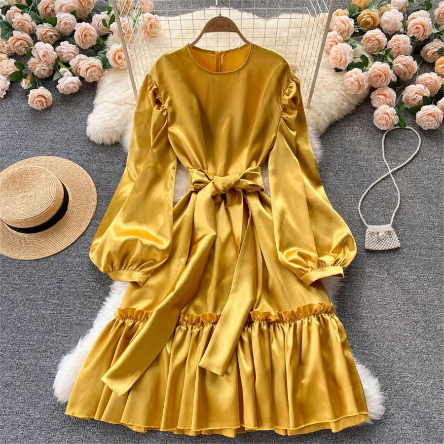 Bow on Neck With Loose Sleeve Satin Dress FC1787