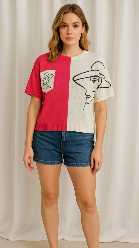 Face Print Half Color Crop Top FC1261