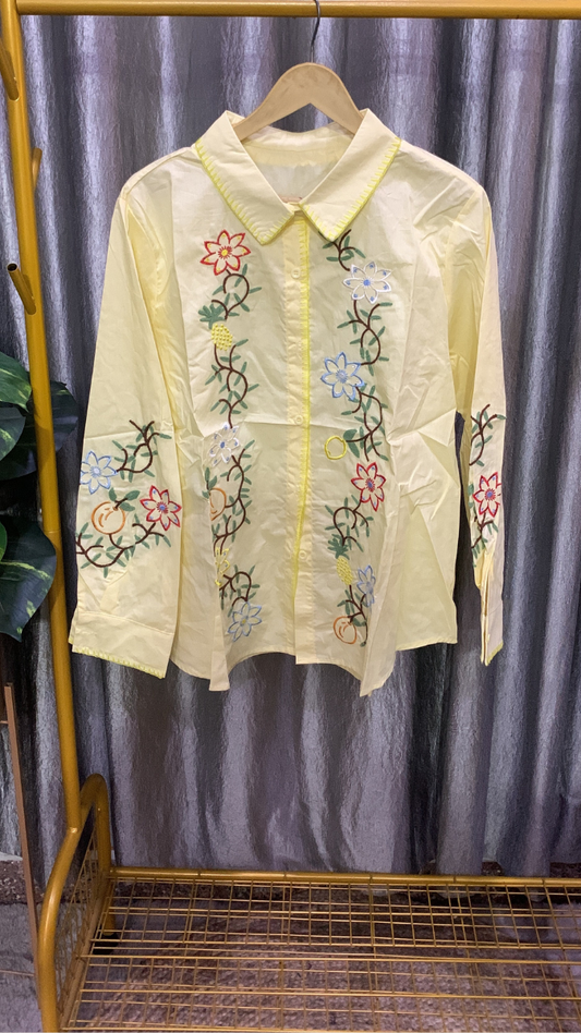 Floral Embroidery Designed Front And Sleeve Cotton Shirt FC2149