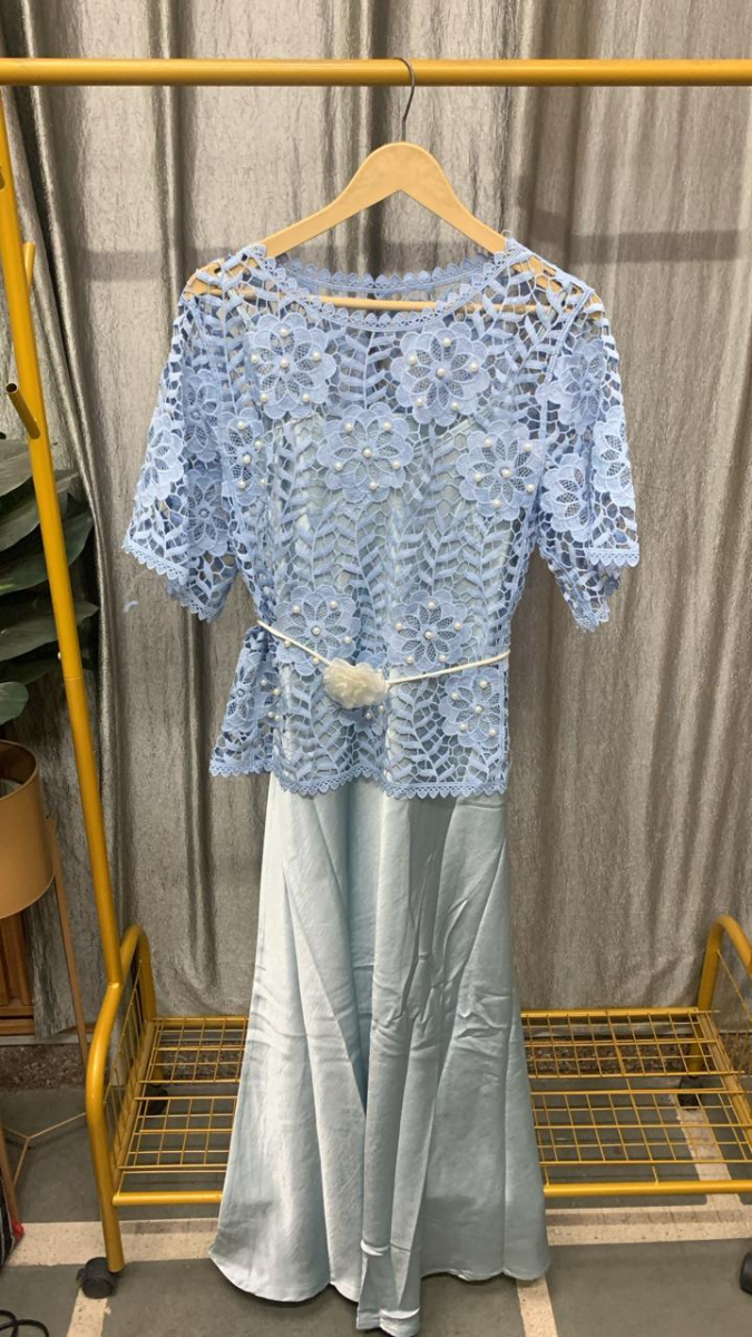 Floral Lace Half Sleeve Top With Satin Dress FC2435