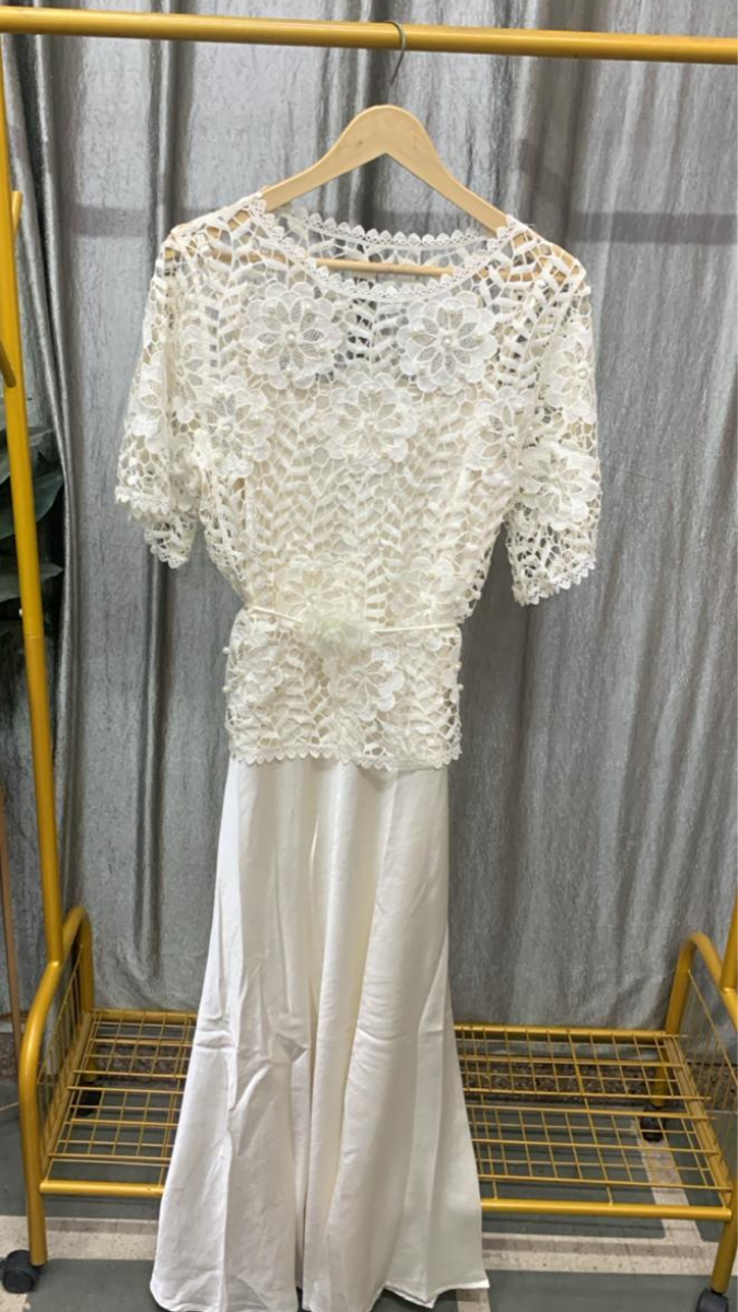 Floral Lace Half Sleeve Top With Satin Dress FC2435