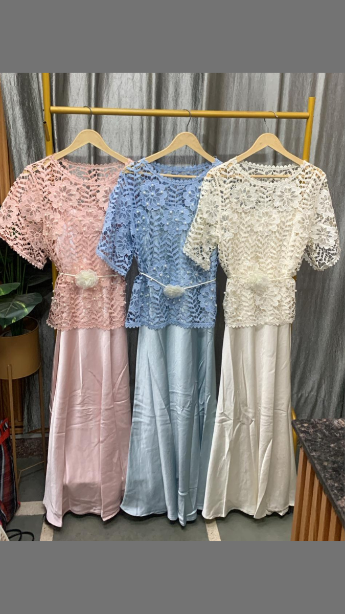 Floral Lace Half Sleeve Top With Satin Dress FC2435