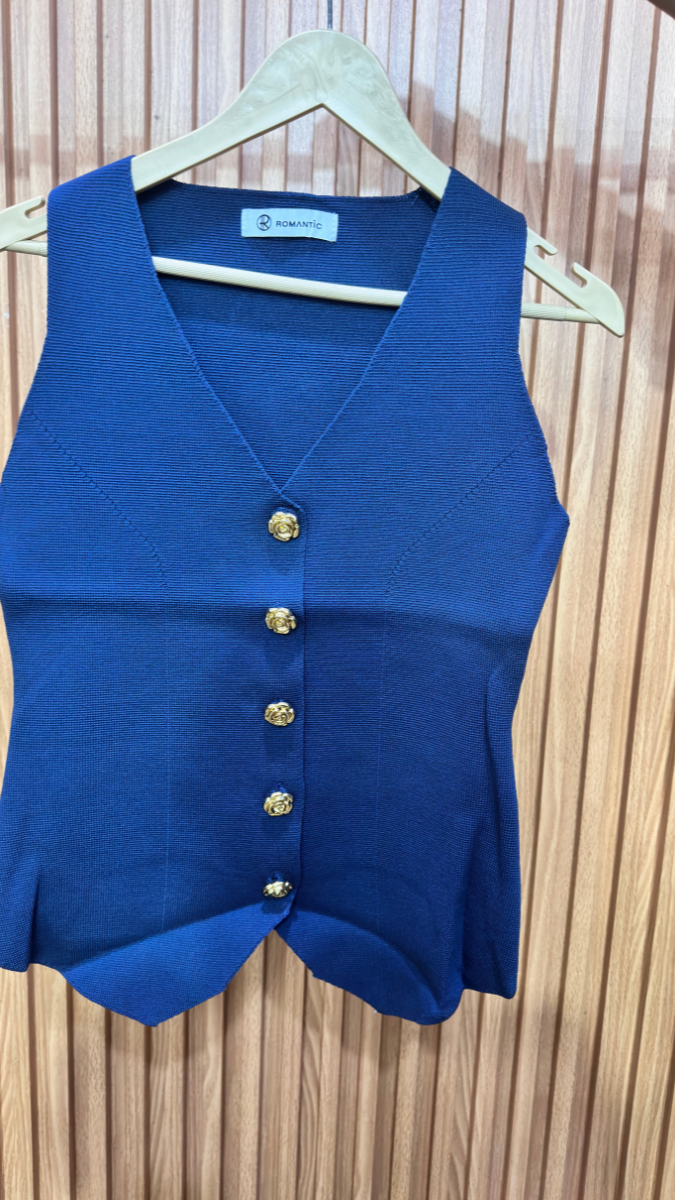 Flower Button V Neck Sleeveless Winter Top FC1974