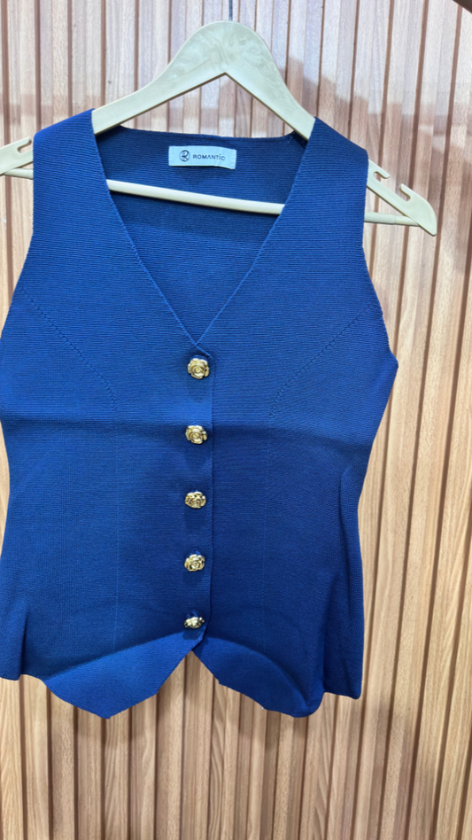 Flower Button V Neck Sleeveless Winter Top FC1974