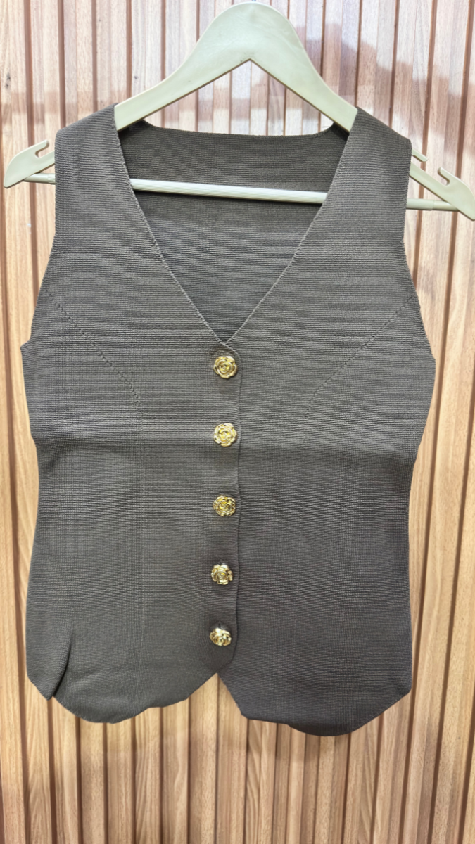 Flower Button V Neck Sleeveless Winter Top FC1974