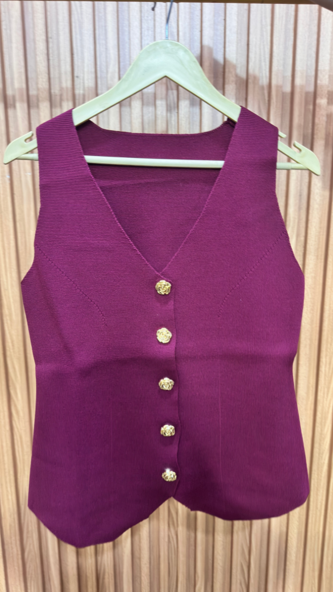 Flower Button V Neck Sleeveless Winter Top FC1974