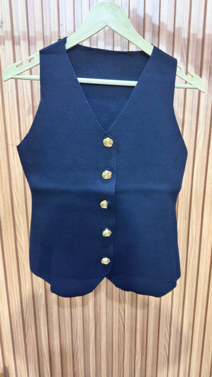 Flower Button V Neck Sleeveless Winter Top FC1974