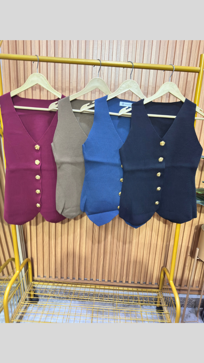 Flower Button V Neck Sleeveless Winter Top FC1974