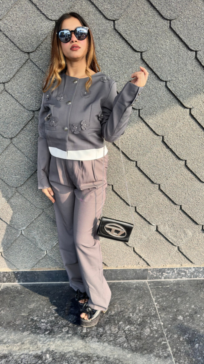 Flower Embedded Buttoned Front Top And Loose Pant Coord Set FC2044