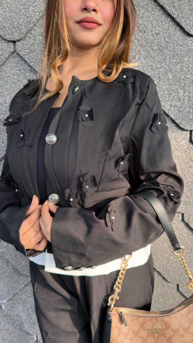 Flower Embedded Buttoned Front Top And Loose Pant Coord Set FC2044