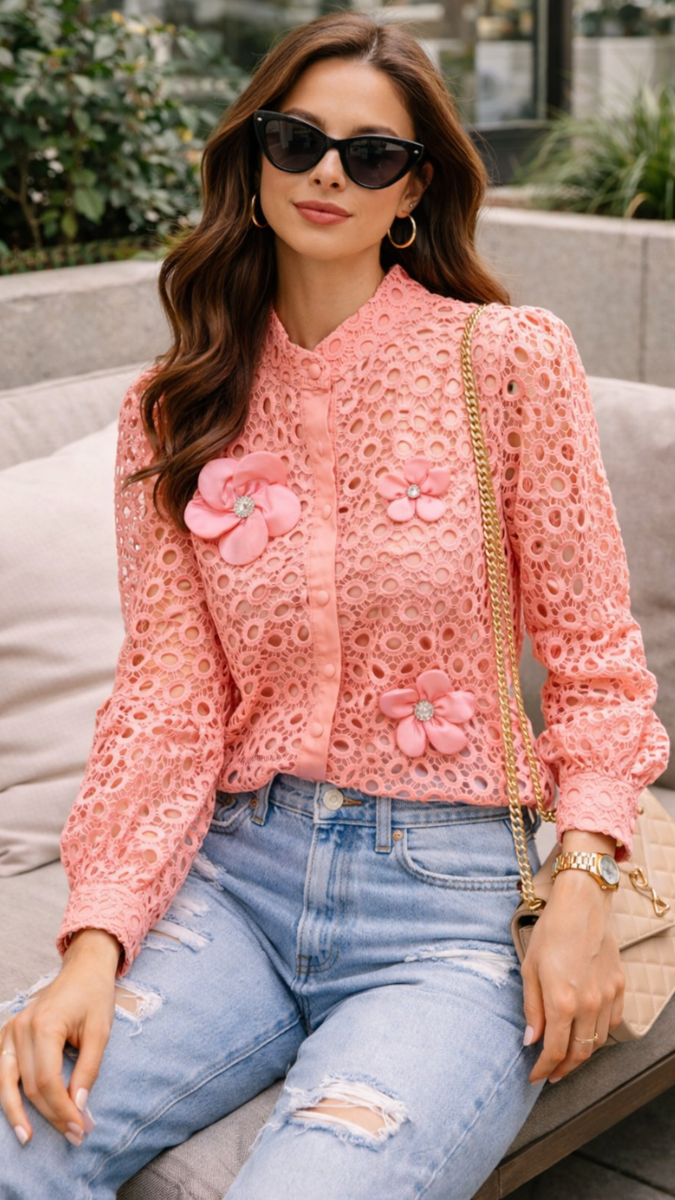 Flower Embedded High Collar Shirt FC2397