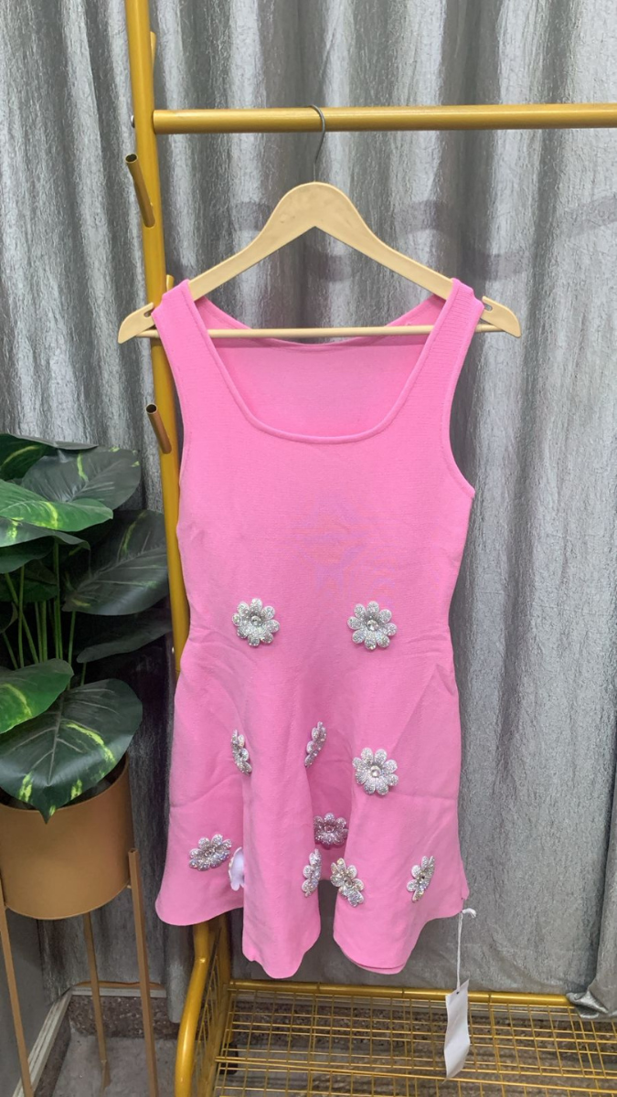 Flower Embedded Round Neck Sleeveless Mini Dress FC2360