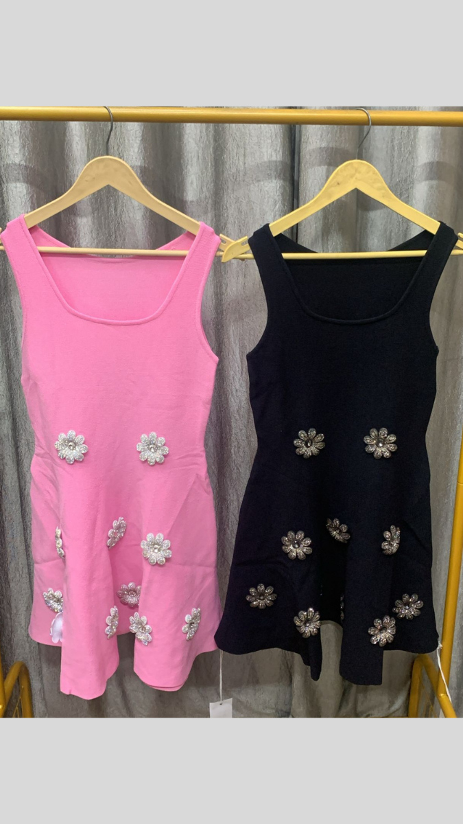 Flower Embedded Round Neck Sleeveless Mini Dress FC2360