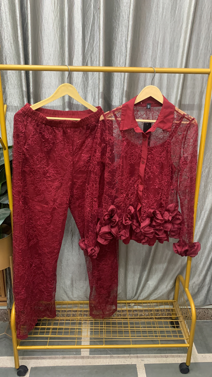 Flower Embedded See Through Shirt With Inner And Pant Coord Set FC2548