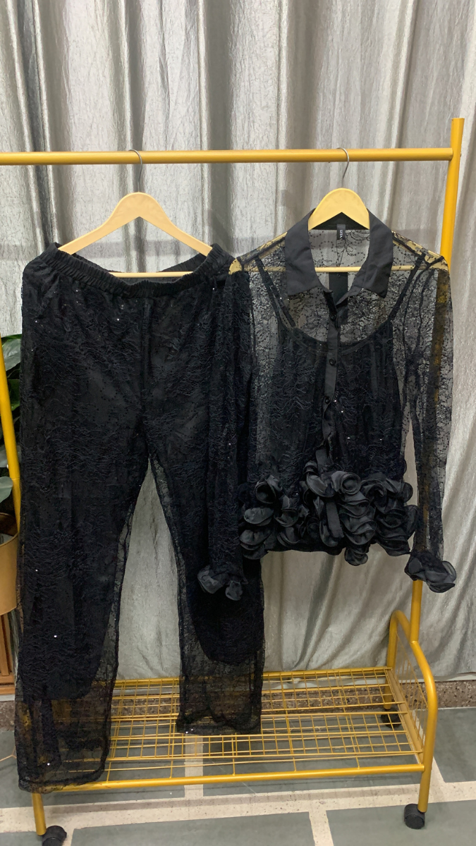 Flower Embedded See Through Shirt With Inner And Pant Coord Set FC2548