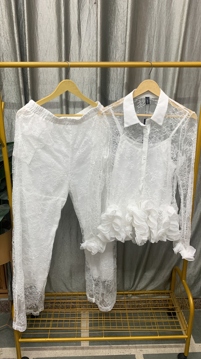 Flower Embedded See Through Shirt With Inner And Pant Coord Set FC2548