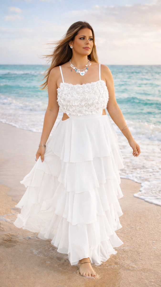 Flower Embedded Strap Sleeve Ruffle Maxi Dress FC2323