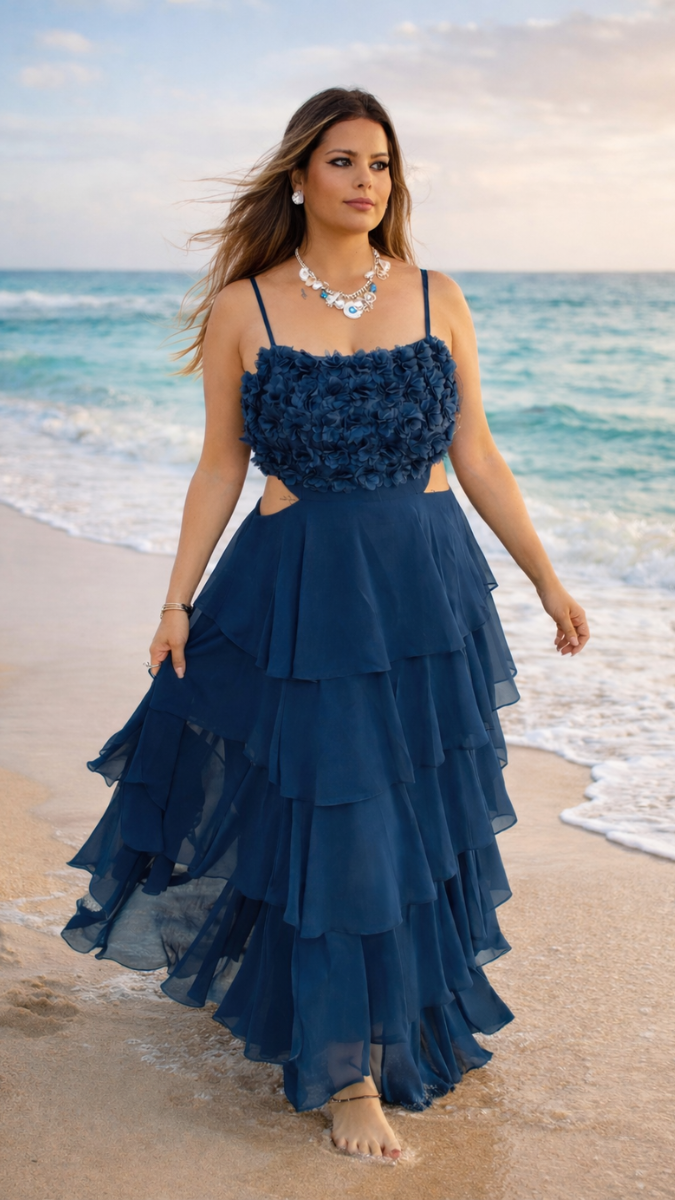 Flower Embedded Strap Sleeve Ruffle Maxi Dress FC2323