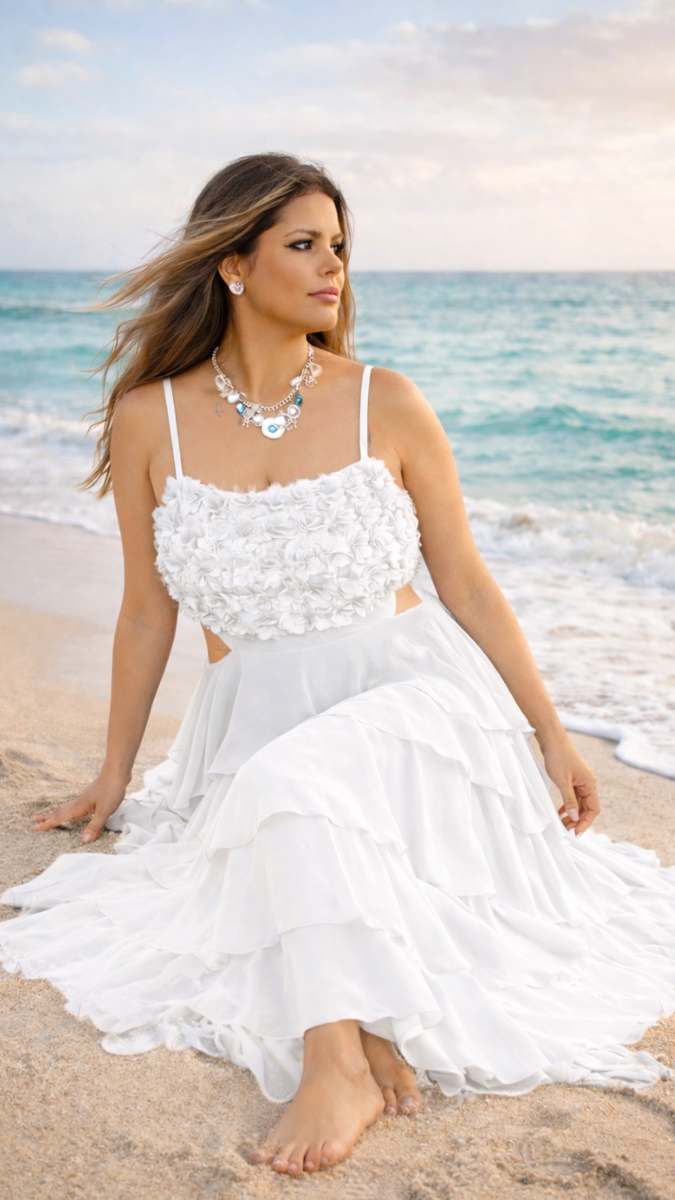 Flower Embedded Strap Sleeve Ruffle Maxi Dress FC2323