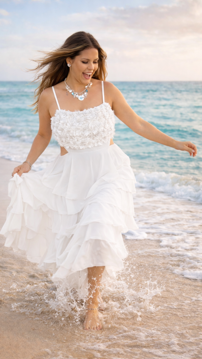 Flower Embedded Strap Sleeve Ruffle Maxi Dress FC2323