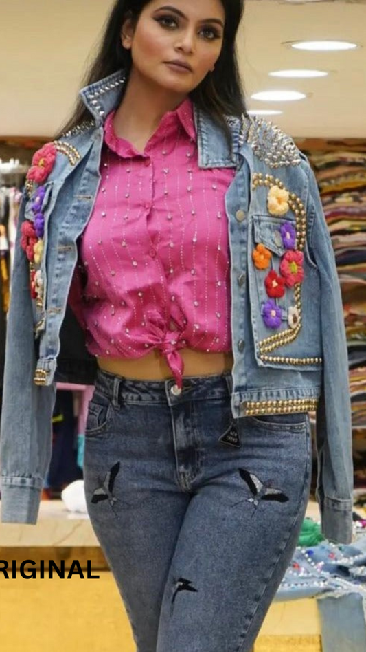 Flower Embedded Denim Jacket