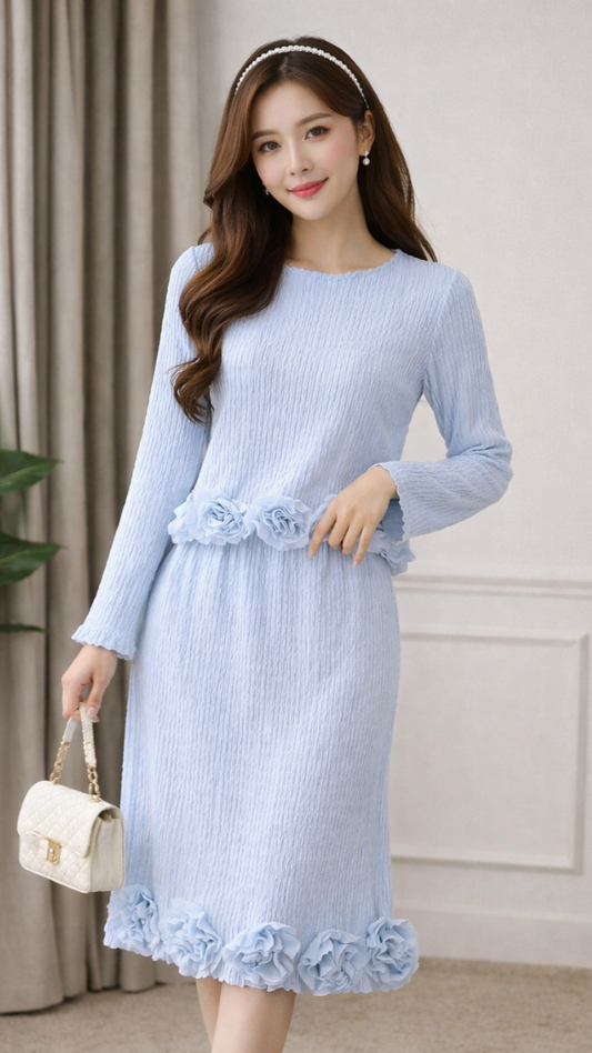 Flower Embedded Round Neck Top And A-line Skirt Set FC2364