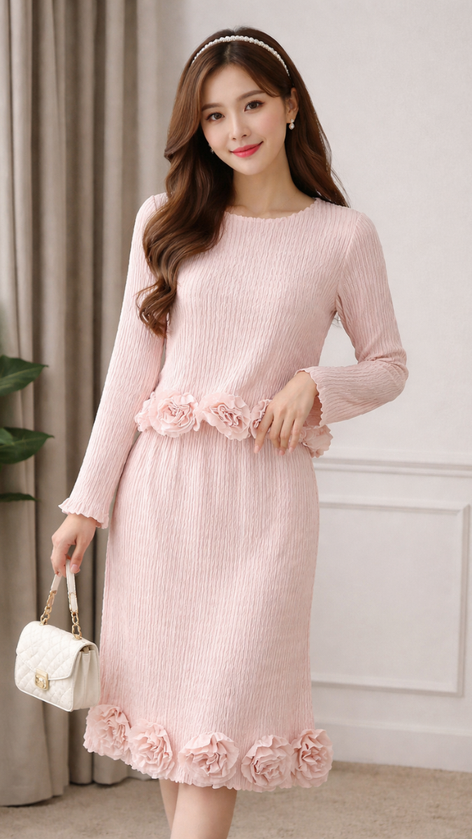 Flower Embedded Round Neck Top And A-line Skirt Set FC2364
