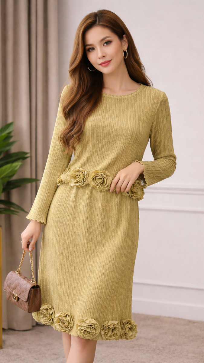 Flower Embedded Round Neck Top And A-line Skirt Set FC2364