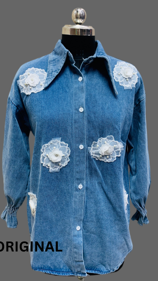 Flower Embroidery Embedded Denim Shirt FC1563