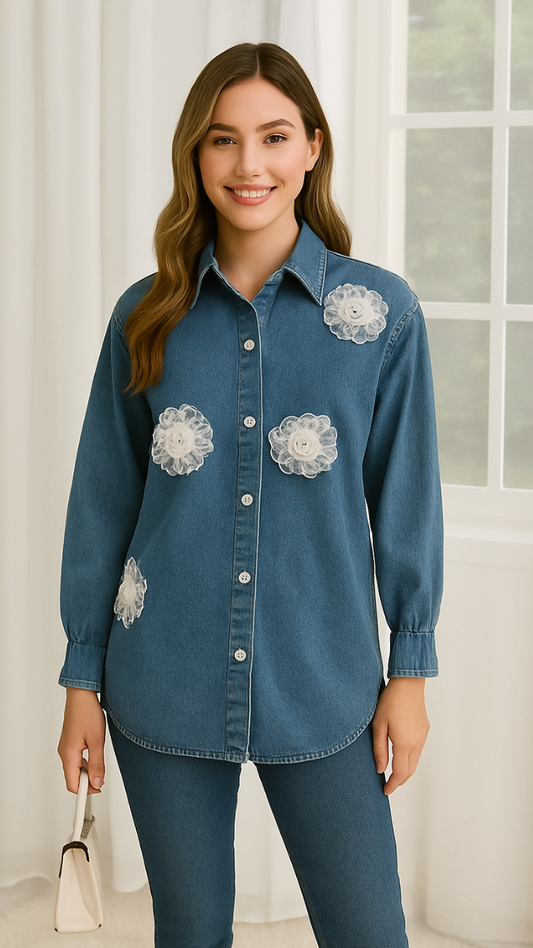 Flower Embroidery Embedded Denim Shirt FC1563