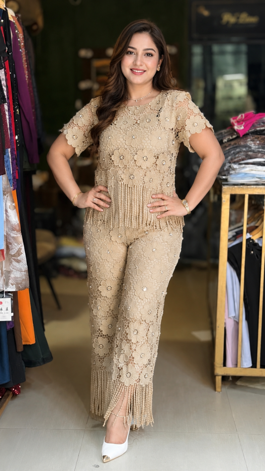 Flower Lace Designed Top And Pant Coord Set FC2478