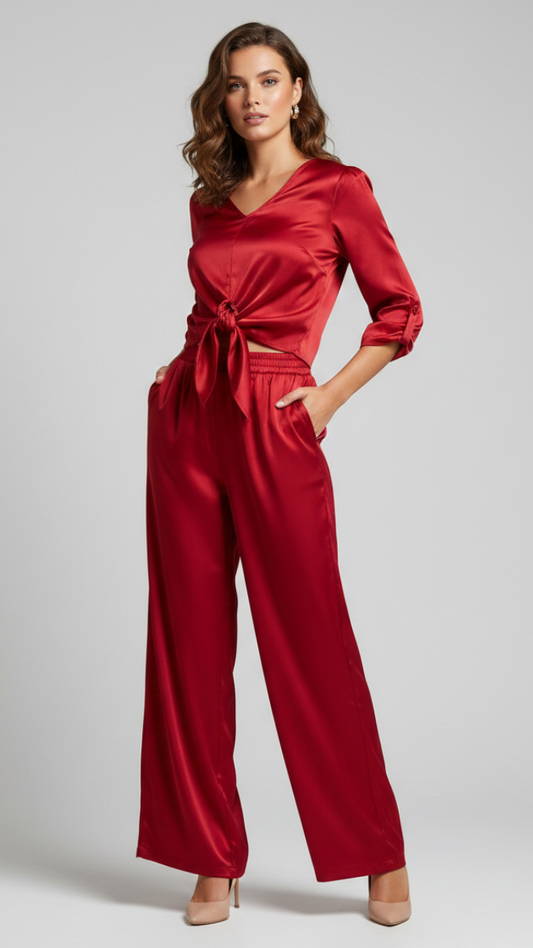 Font Tied Crop Top And Loose Pant Coord Set FC2211