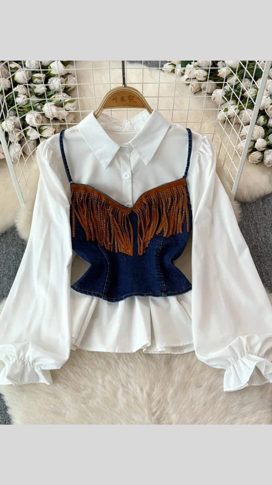 Frill Strap Sleeve Vest With Plain Shirt FC1943